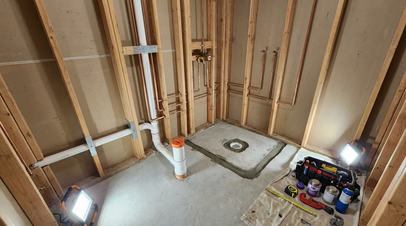 Bathroom rough-in plumbing during remodel by Johns Plumbing LLC in New Holstein