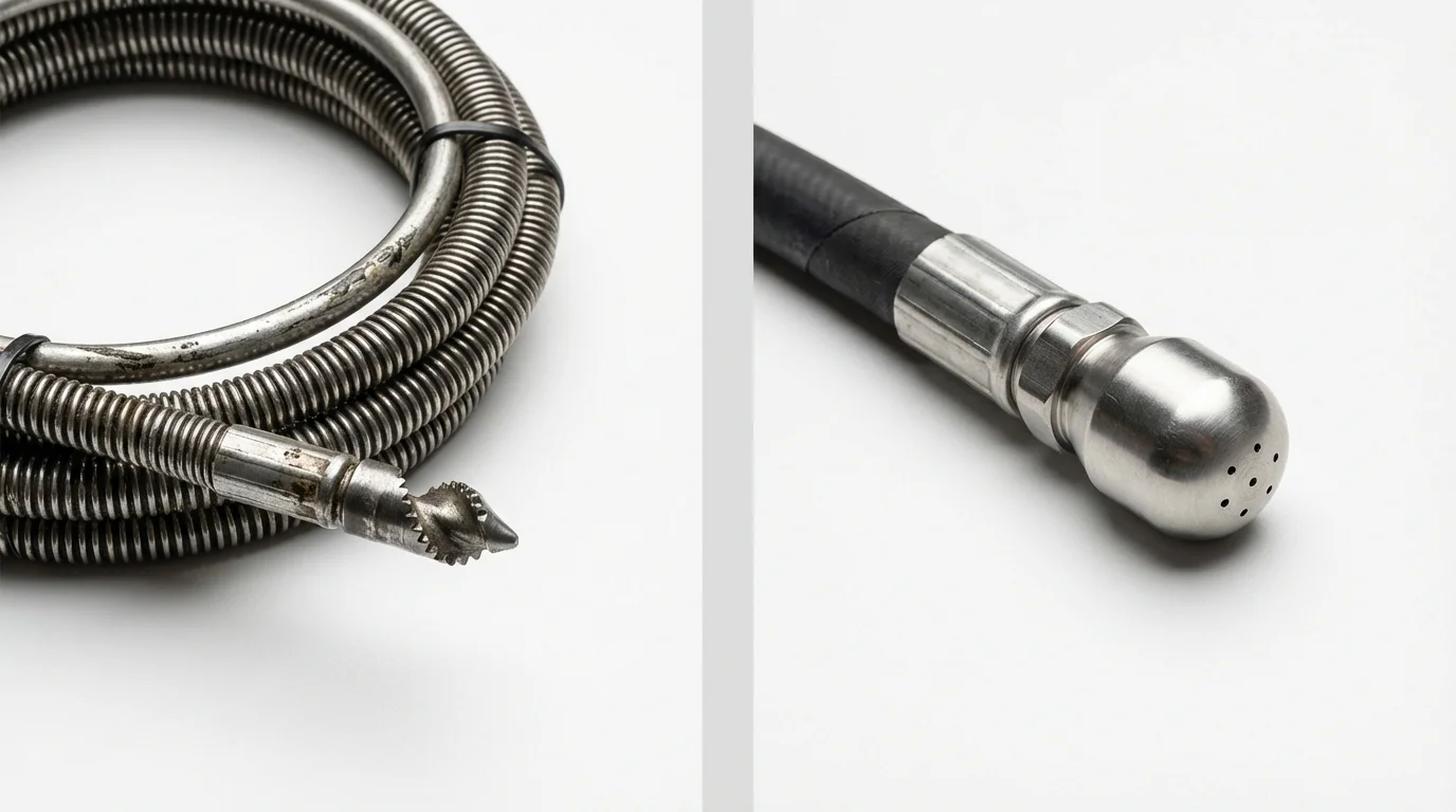 Drain snake cable and hydro jetting nozzle used for drain cleaning in New Holstein, WI