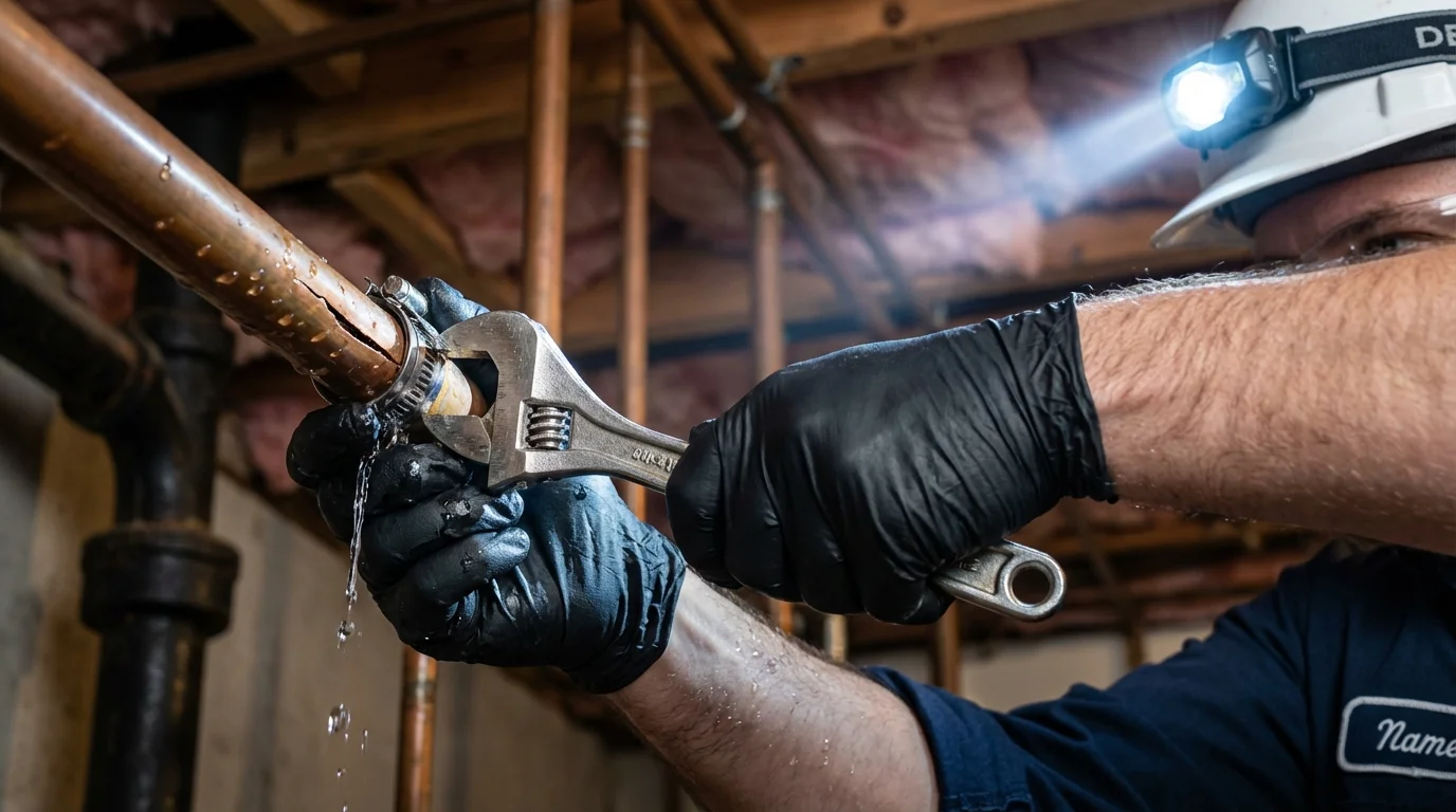 Emergency pipe clamp repair being performed by a Johns Plumbing LLC plumber in New Holstein