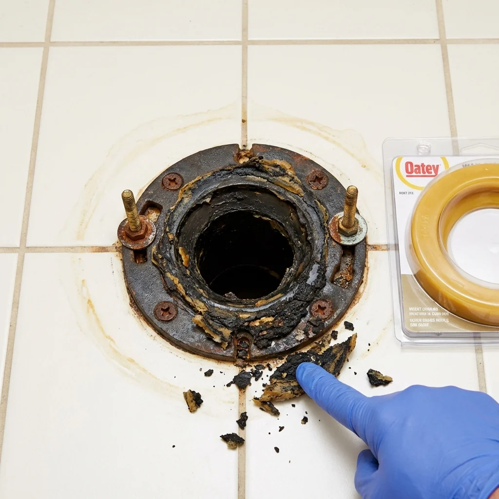Failed wax ring showing water seepage at the base of a toilet in a New Holstein, WI home