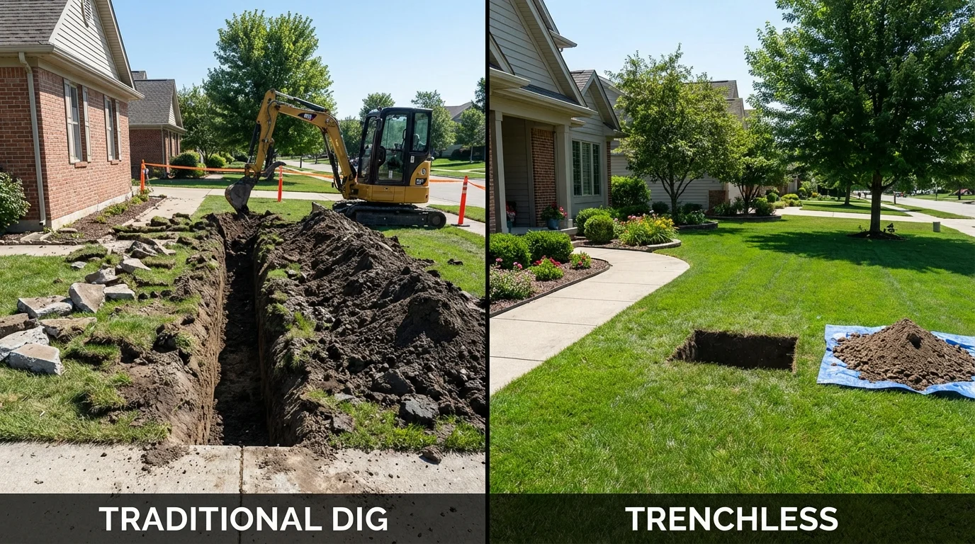 Trenchless sewer repair with minimal yard damage versus traditional excavation in New Holstein, WI