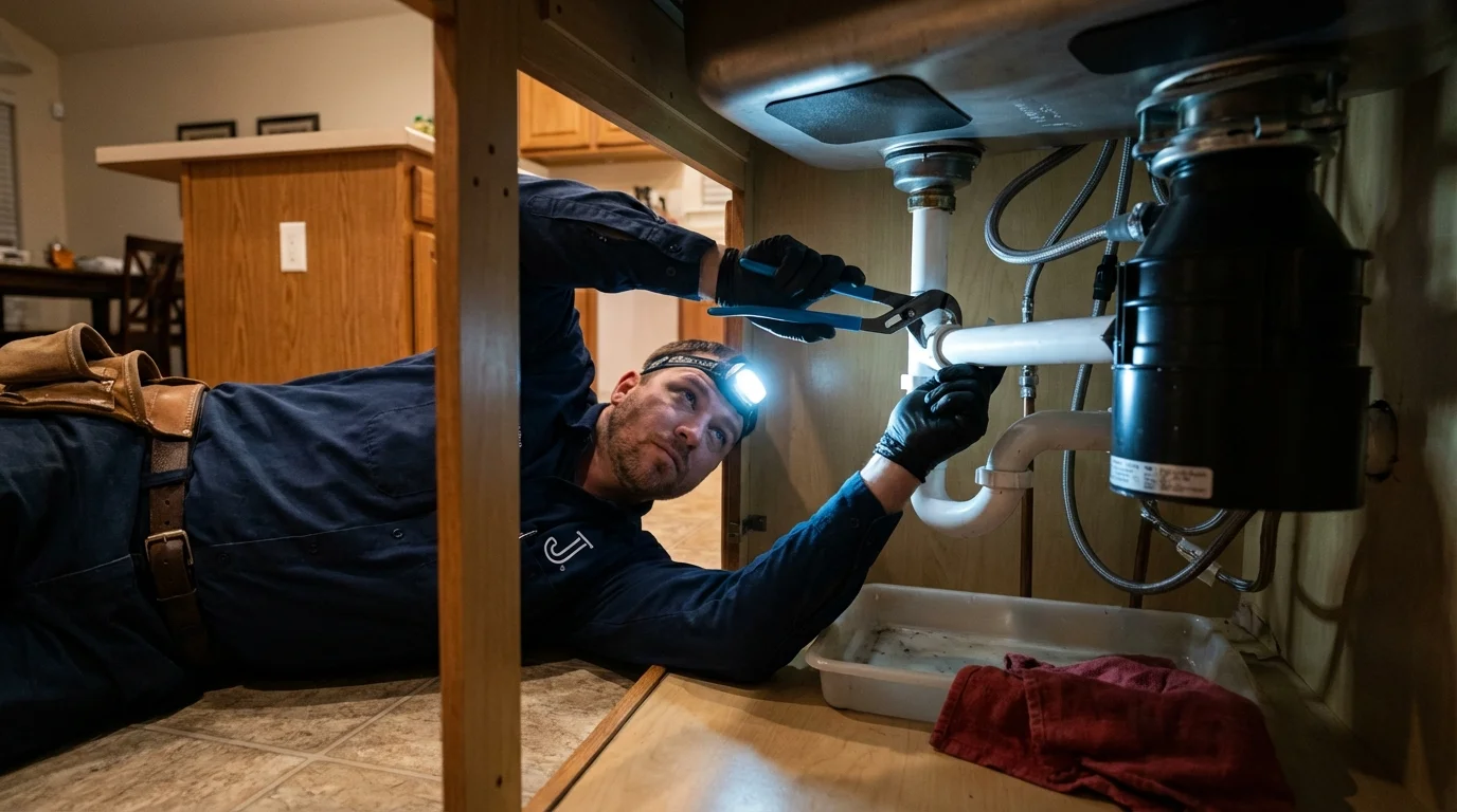 P-trap and supply line connections under a kitchen sink showing a common leak point in New Holstein, WI